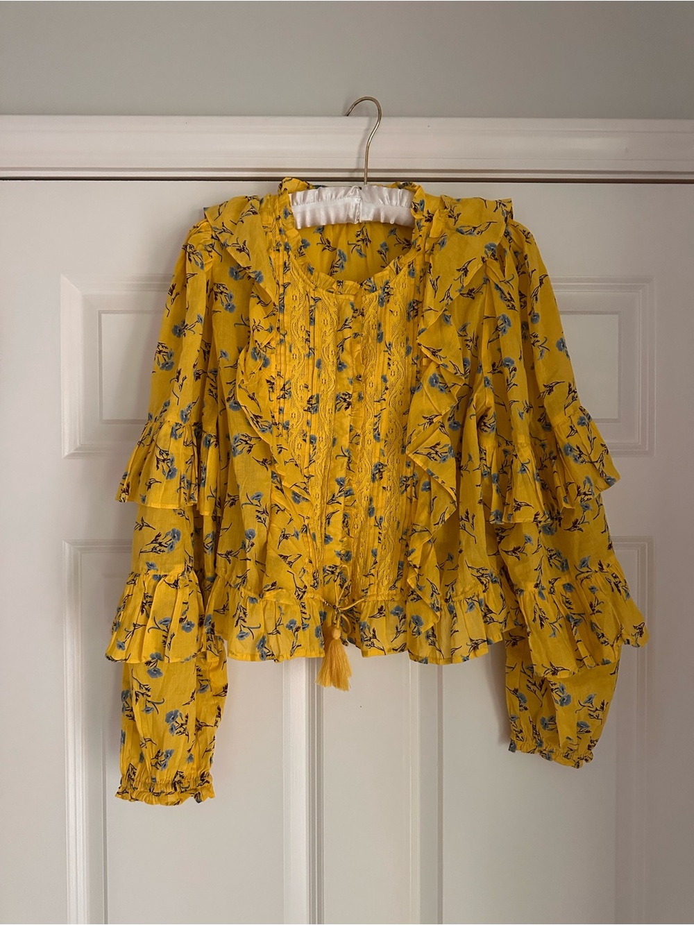 Yellow Floral Ruffle Tie-Neck Blouse
